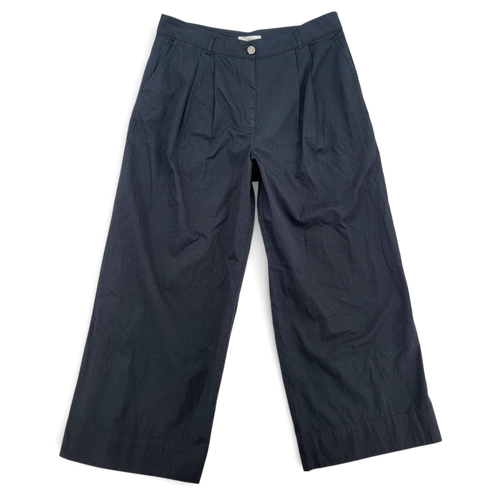 LOFT Womens 16 Wide Leg Pants Cotton Black High Rise Cropped Trouser‎